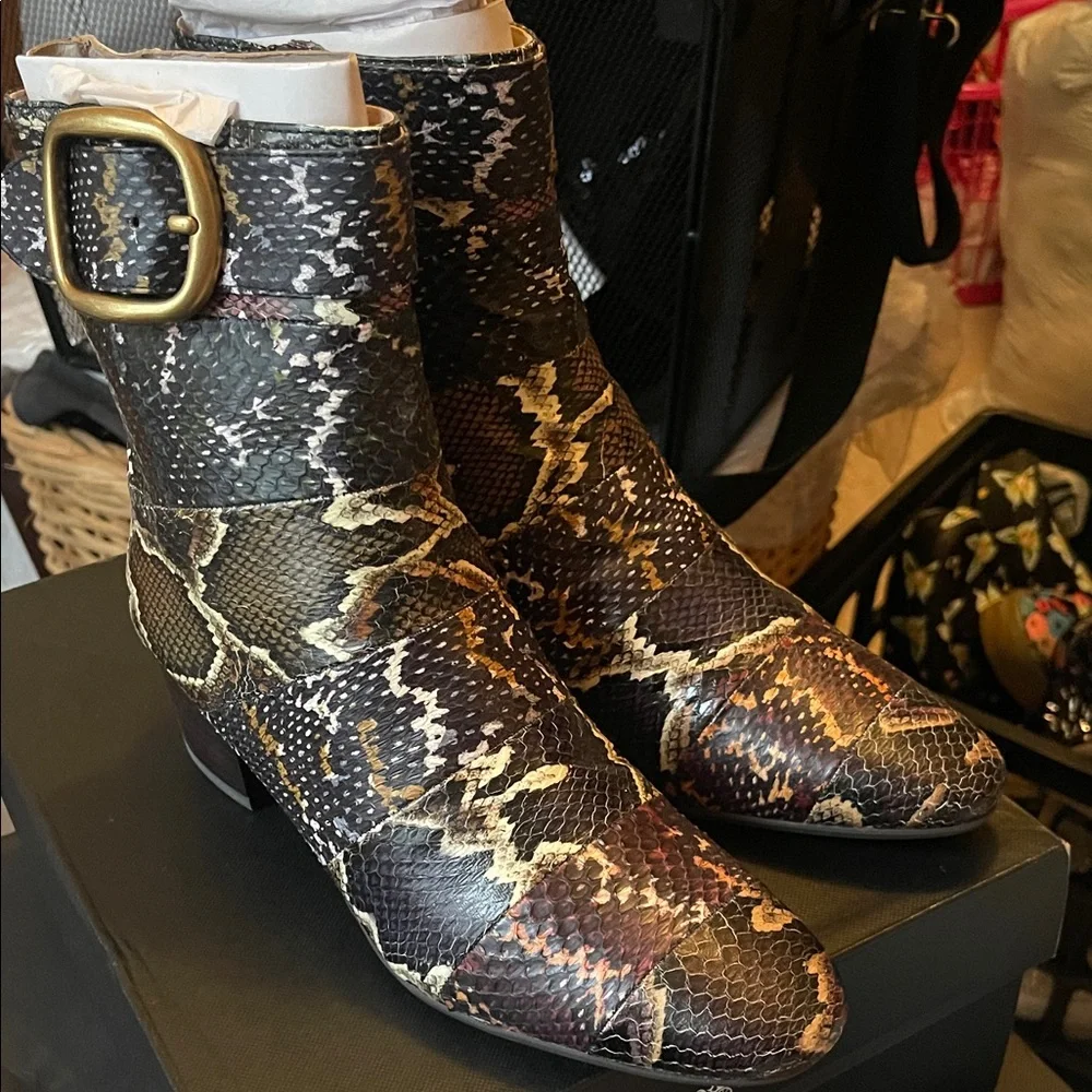 Coach Snake-Print Ankle Boots with Buckle - Black/Brown/Cream - Picture 3 of 8